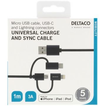 Deltaco 3in1-USB-kaapeli 100cm black