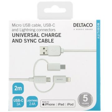 Deltaco 3in1-USB-kaapeli 200cm white
