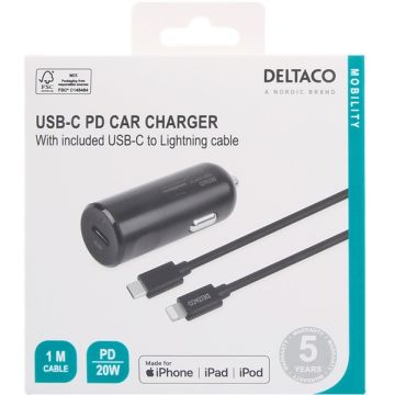 Deltaco autolaturi USB-C + Lightning-kaapeli 20W
