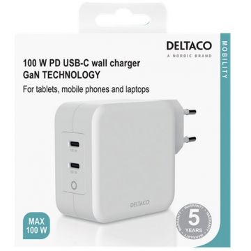 Deltaco PD/GaN kahden portin USB-C-seinälaturi 100W