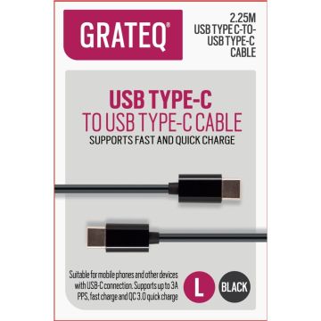 Grateq USB-C -> USB-C -kaapeli 3A Quick 2,25 m black